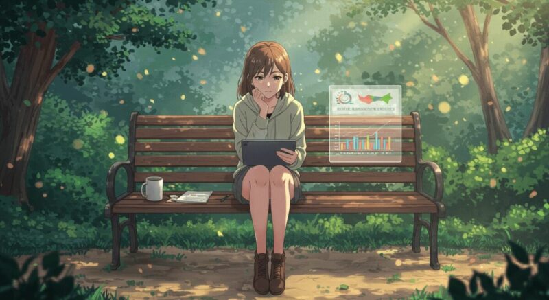 恋愛統計を見つめながら静かに考える女性