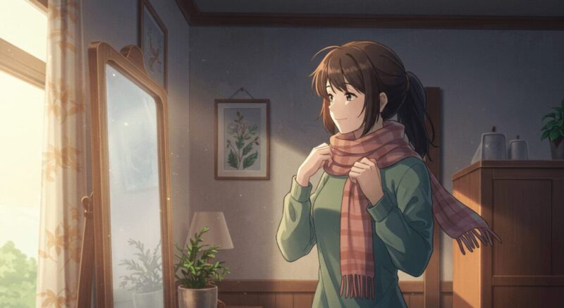 鏡の前で穏やかな表情を見せる女性