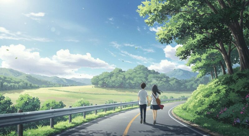 手をつないで未来に向かって歩き出すカップル