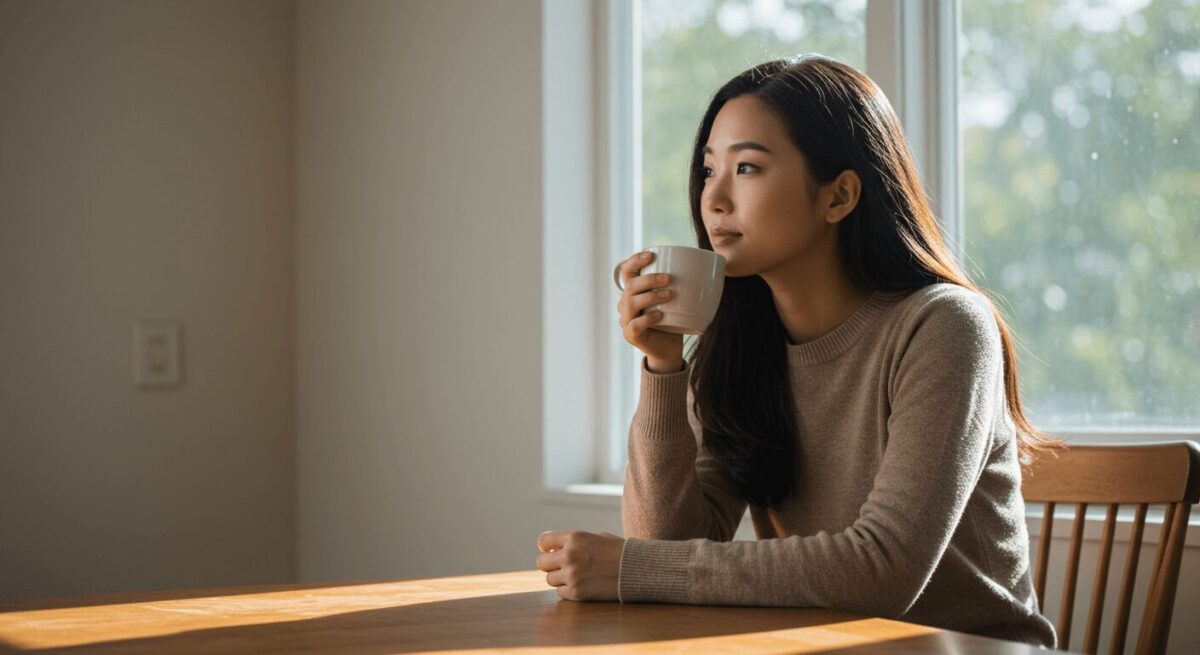 落ち着いた表情で窓の外を見つめる女性がコーヒーを片手に思索している様子