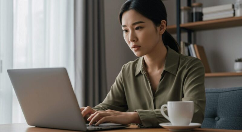ノートパソコンで統計資料を読む女性が真剣な表情を浮かべている様子