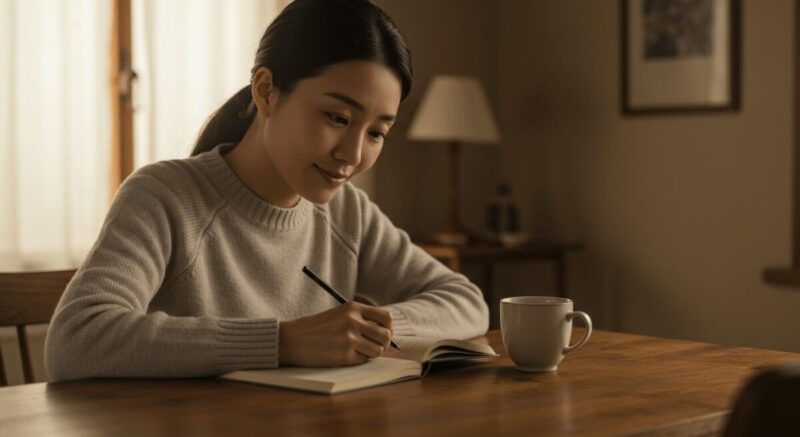 自分を見つめ直すためにノートに向かう穏やかな表情の女性