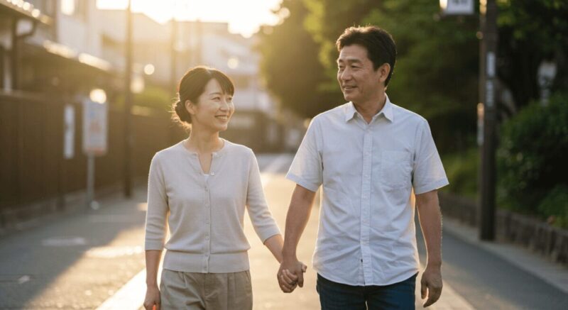 落ち着いた雰囲気の中で寄り添うカップルが未来を見つめている様子