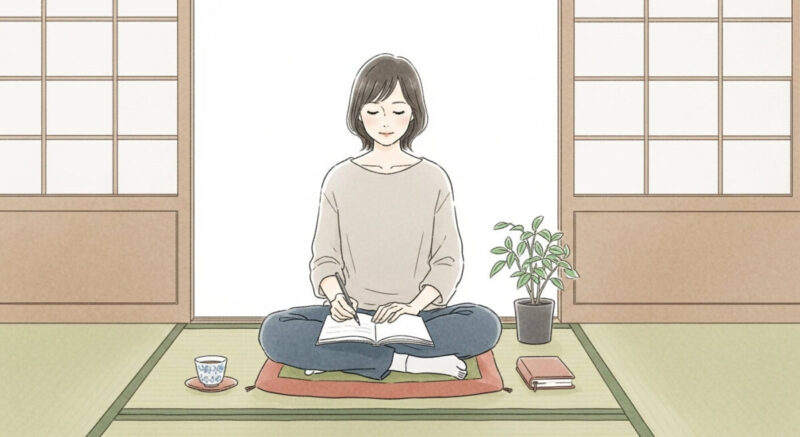 復縁に向けた行動を整理しながら和室でノートを書く日本人女性