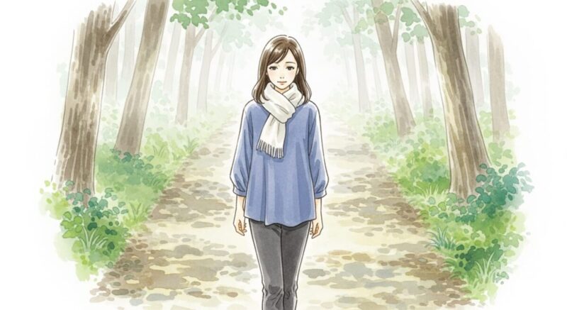 復縁に向けた覚悟と冷静さを胸に、林道を静かに歩く日本人女性