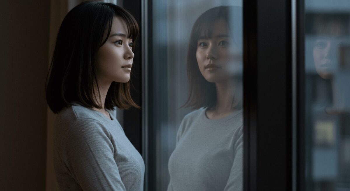 窓際に立つ日本人女性の横顔。穏やかな表情で想いを巡らせている様子。