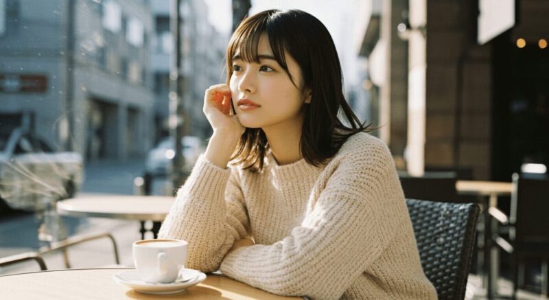 カフェのテラス席で遠くを見つめる女性。過去を思い返しながら静かに考え事をしている。