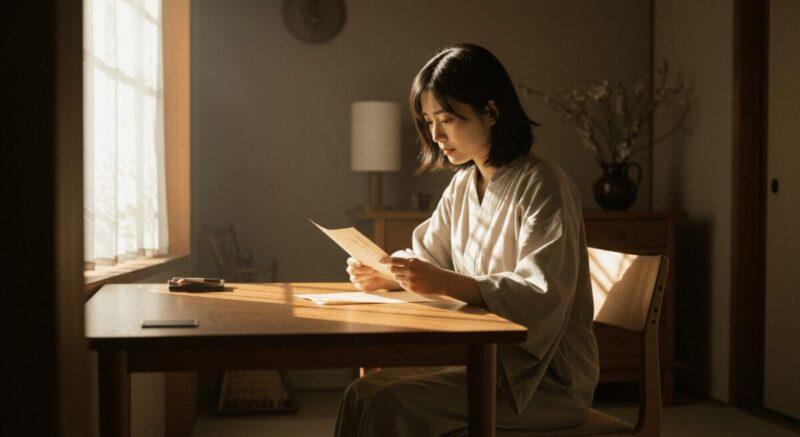 手紙を見つめながら感情が揺れている女性。復縁の可能性を見極めようとしている様子。