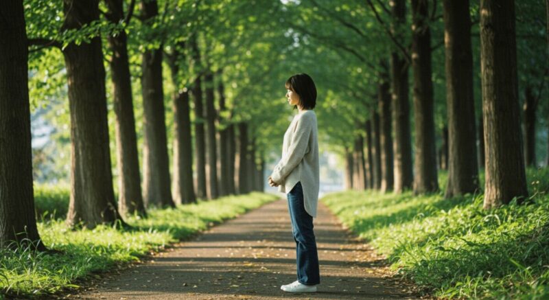 静かな森の小道で深呼吸する女性。再スタートへの覚悟を胸に歩き出そうとしている場面