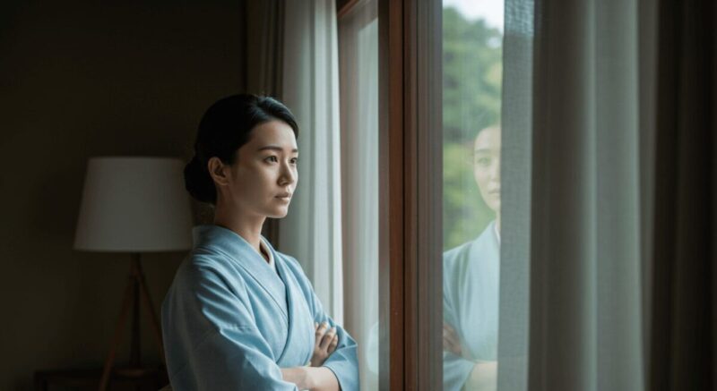 大きな窓辺で外を見つめる女性。復縁に向けて自分の気持ちと向き合っている様子。