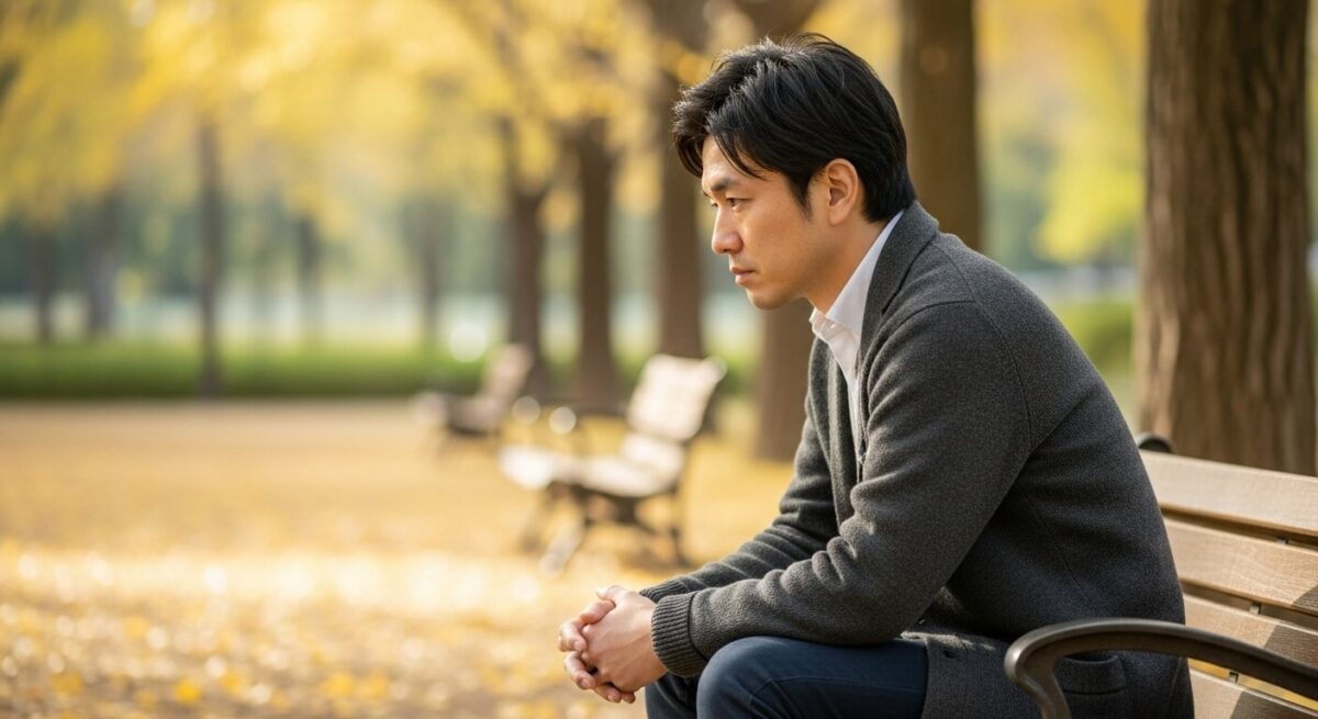 公園のベンチに一人で座る男性が、静かに遠くを見つめている。復縁を考える切ない雰囲気。