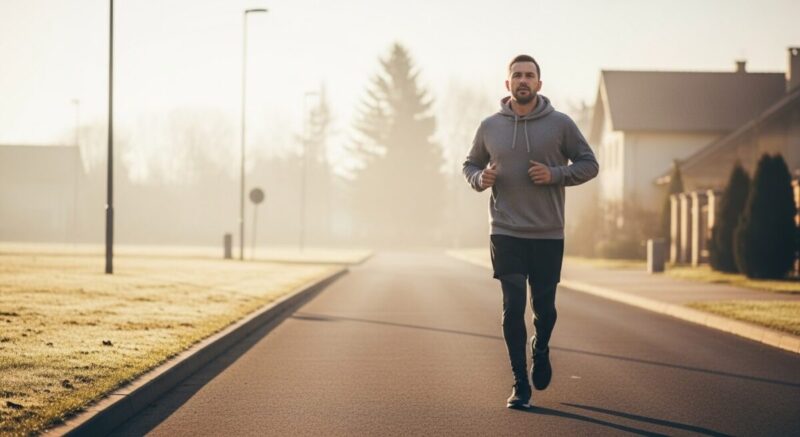 朝日を浴びながら一人でジョギングをする男性。自分磨きに励む様子。