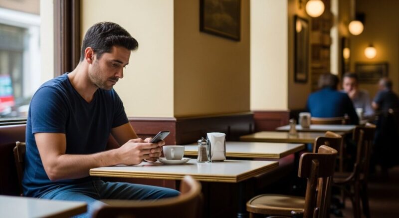 カフェでスマートフォンを見つめる男性。連絡すべきか迷っている表情。
