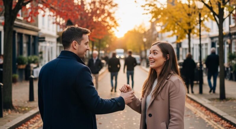 街角で偶然出会った男女が、お互いに微笑みを交わす一瞬のシーン。