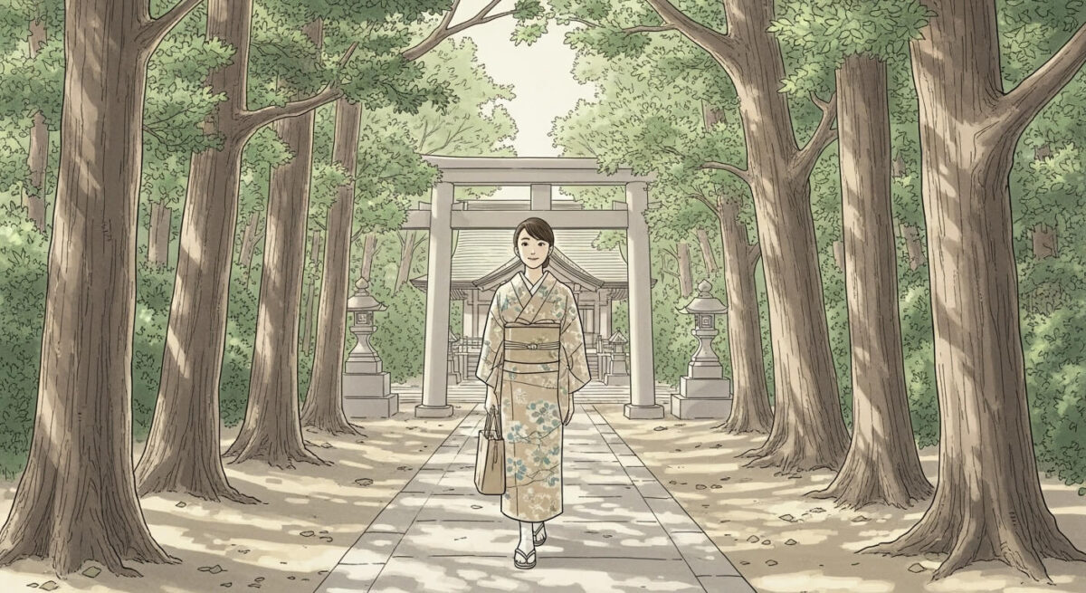 復縁を願いながら神社の参道を歩く落ち着いた雰囲気の女性
