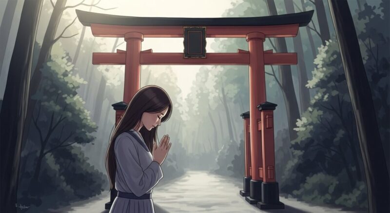 鳥居の前で復縁を願い手を合わせる女性