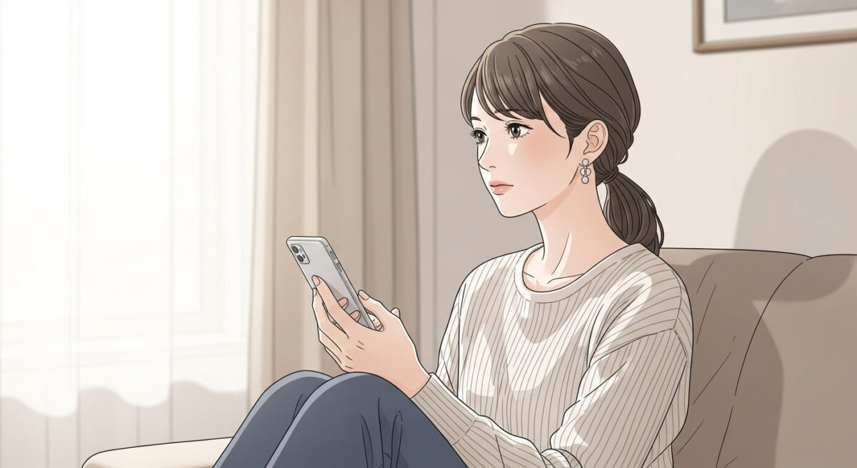 元恋人への連絡をためらう大人の女性が、落ち着いた部屋でスマートフォンを見つめている