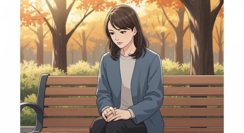 振られた直後の葛藤を抱える女性が公園のベンチでうつむいている