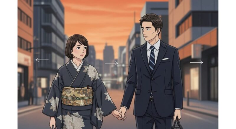 再構築された関係に向き合う男女が夕暮れの街を一緒に歩く