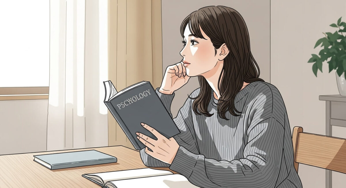 復縁について考えながら心理学の本を見つめる日本人女性