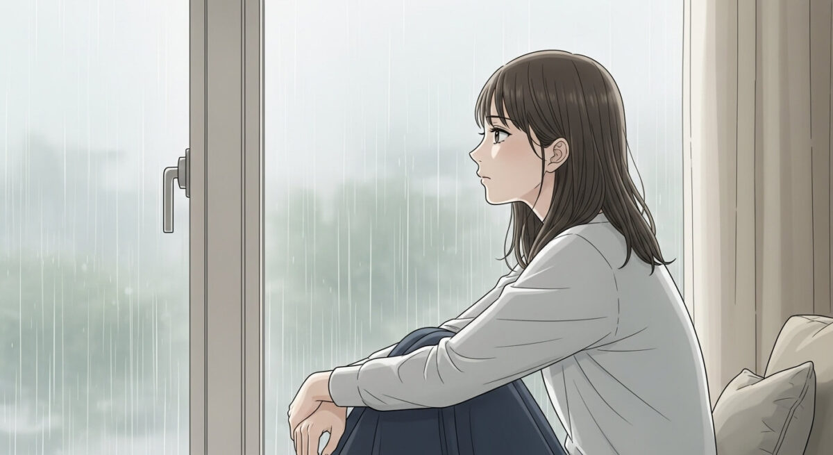雨の日の窓辺で思いにふける日本人女性