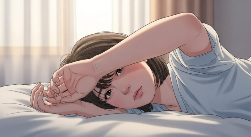 ベッドに横たわり感情の狭間で悩む日本人女性