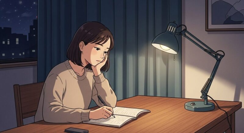 ノートに自分の気持ちを整理している日本人女性