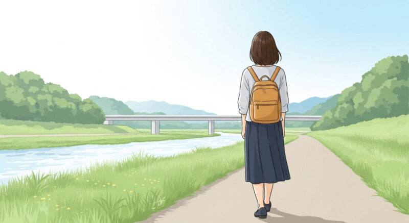 川沿いを前向きに歩く日本人女性の後ろ姿