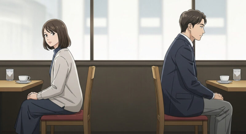 カフェで距離を置いて向かい合う日本人女性と男性
