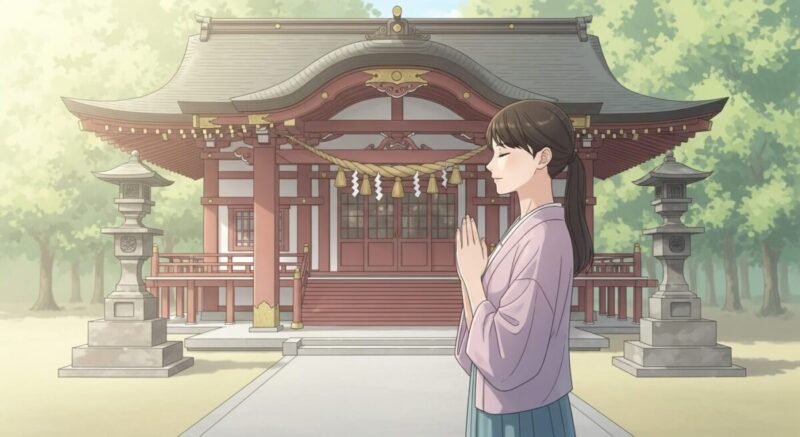 神社の前で手を合わせ静かに祈る女性