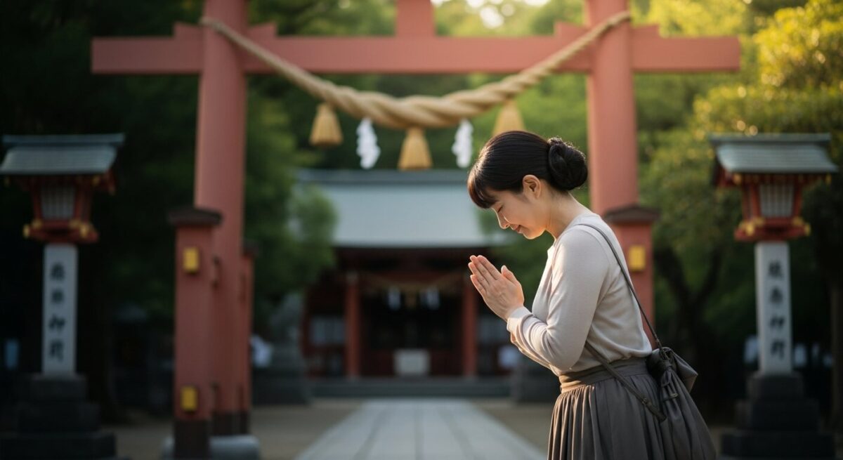 鳥居の前で丁寧に一礼する女性