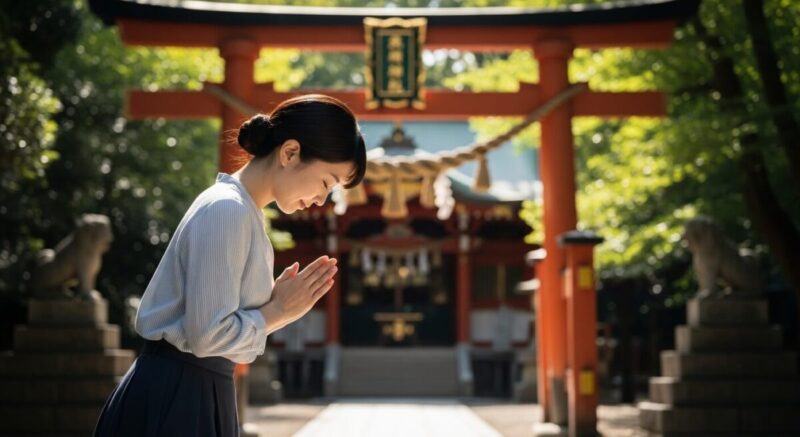 鳥居の前で丁寧に一礼する女性