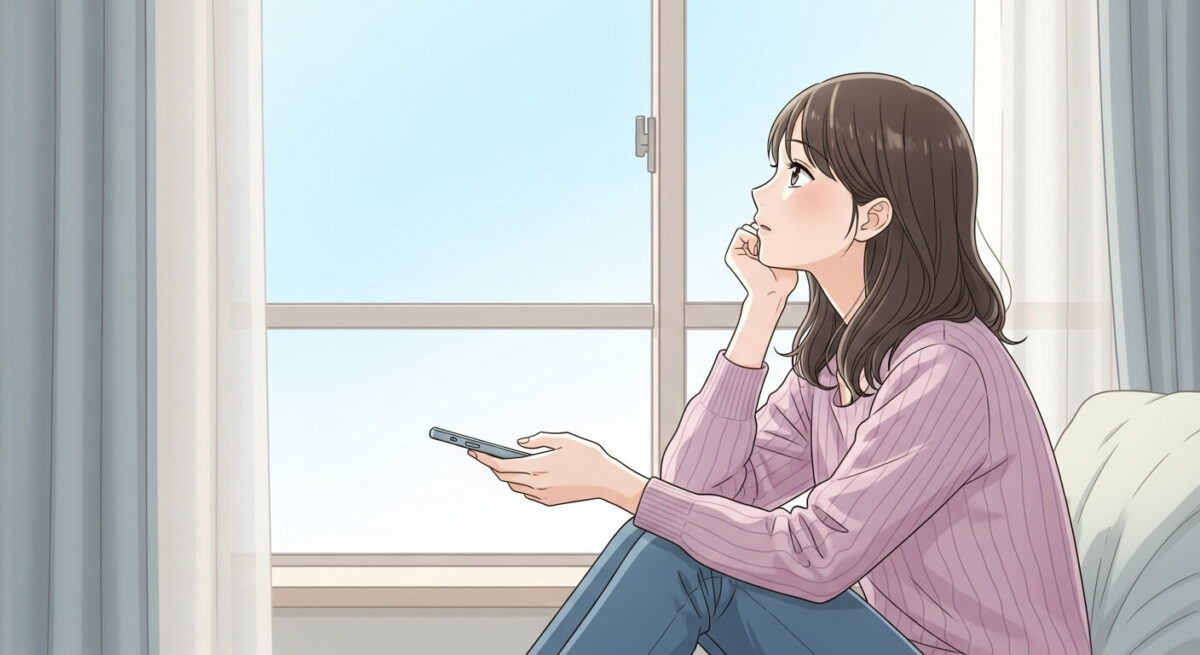 復縁の可能性に迷いながらスマホを手にして窓の外を見つめる女性