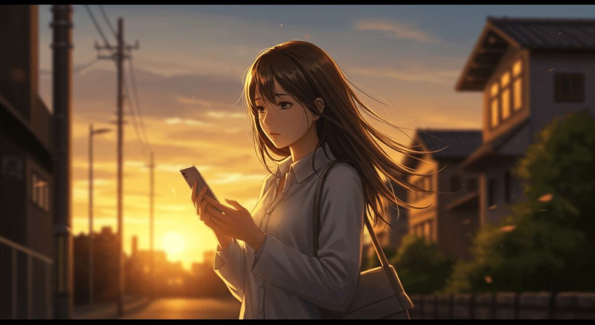街の一角を歩きながらスマホを見る女性、風に髪が揺れる夕暮れのシーン