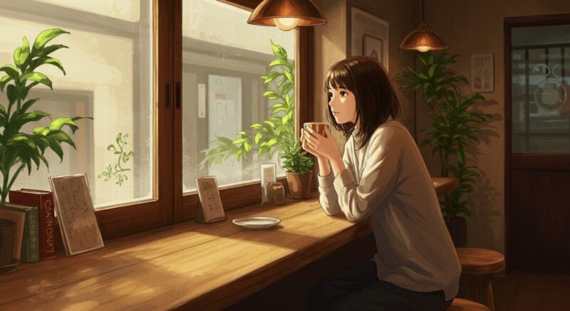 カフェのカウンター席でひとり静かに飲み物を飲む女性、外を見つめている