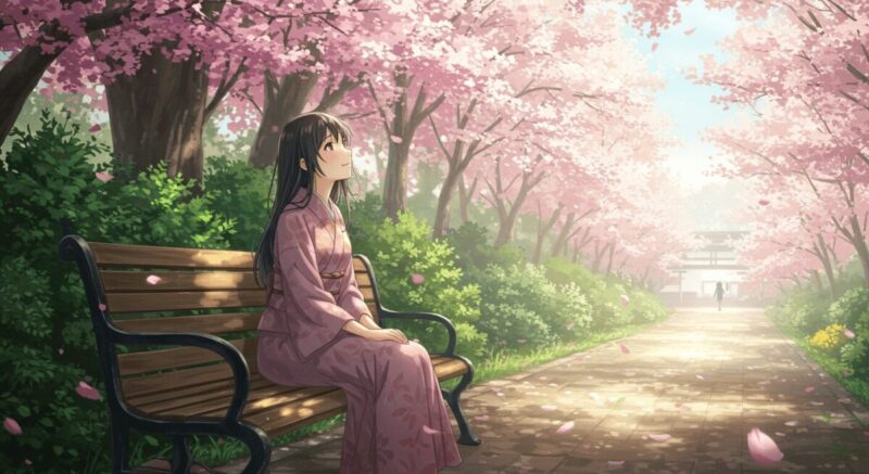 公園のベンチに座り、空を見上げて微笑む女性。花が少し咲いている春の朝