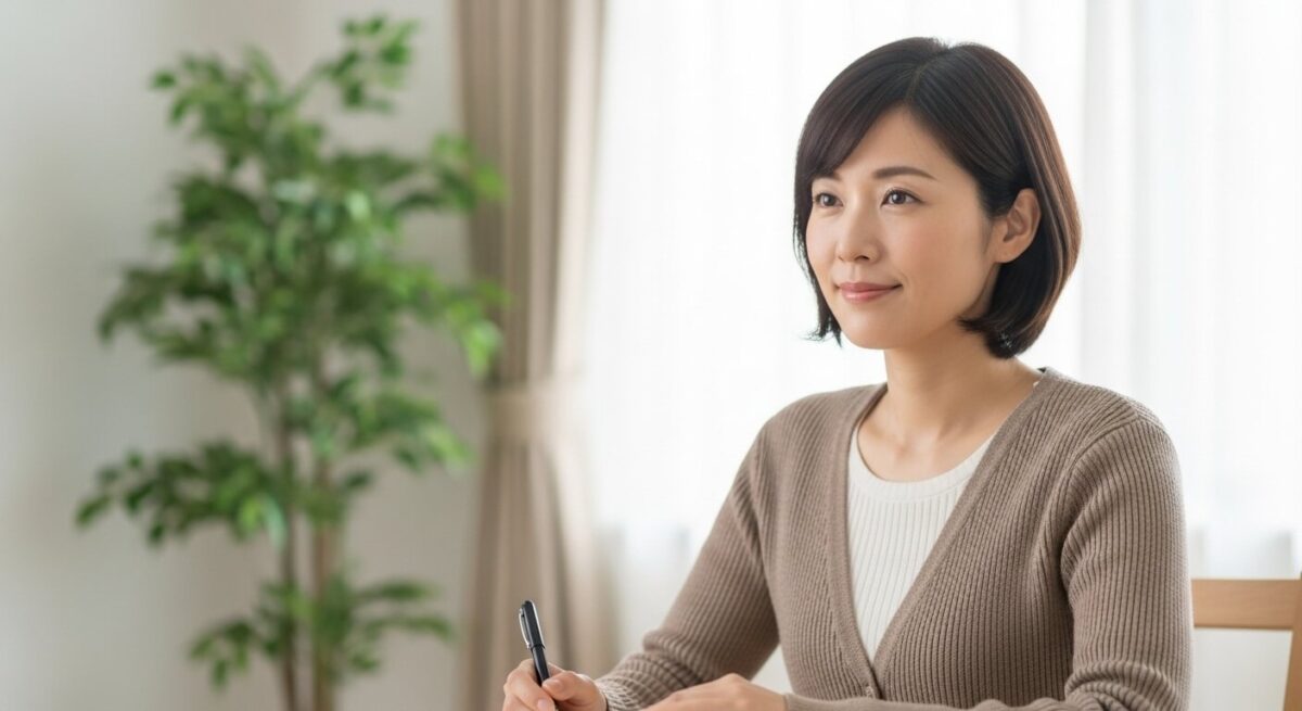 静かな部屋でノートを手に悩みを整理する女性。復縁を前向きに考える落ち着いた雰囲気。