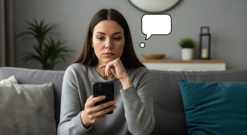 スマートフォンを手に迷う女性。復縁に向けた一歩を踏み出すか悩んでいる様子。