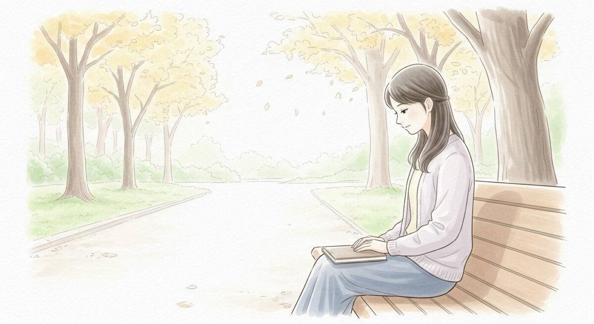 秋の静かな公園でノートを見つめながら物思いにふける女性