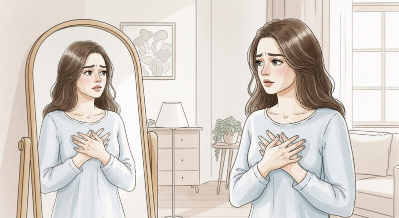 鏡越しに自分の心を見つめ直している女性