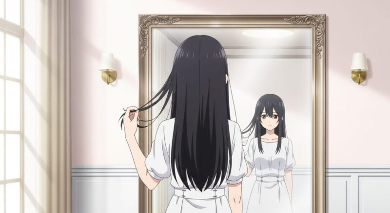 鏡の前で身なりを整える女性。新たな自分に向き合う前向きな雰囲気