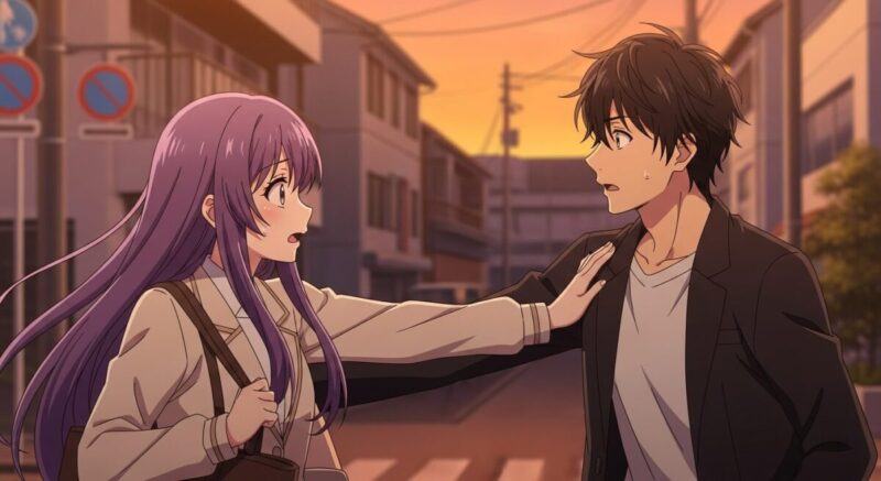 偶然の再会に驚きながらも、穏やかに視線を交わす男女