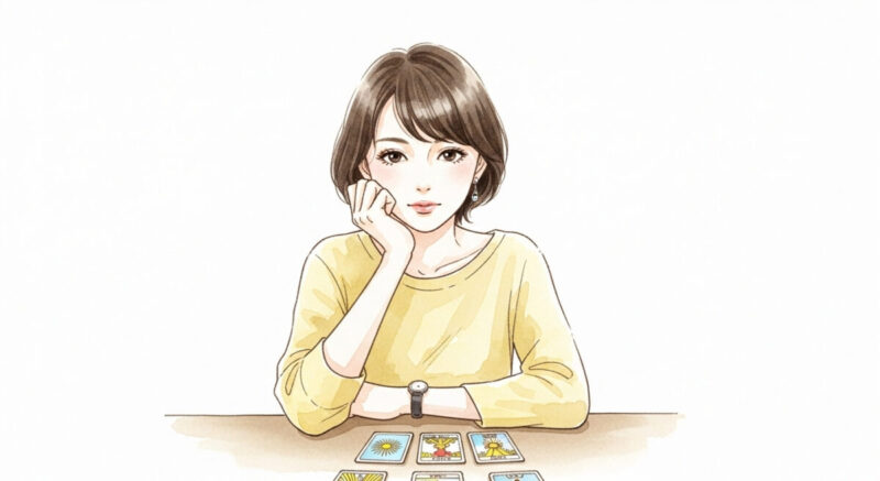 タロットカードを見つめて相手の気持ちを思う女性