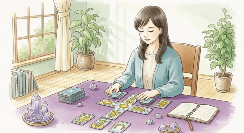 復縁占いのためにカードをスプレッドする女性の落ち着いた雰囲気