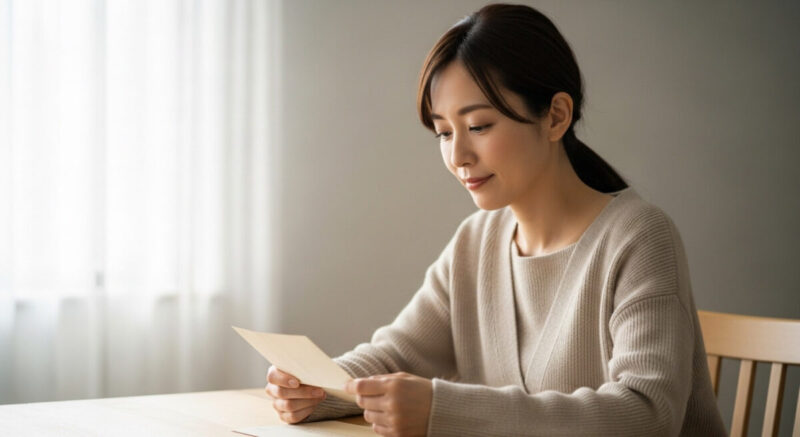 手紙を手に取り、静かに見つめる30代の日本人女性の横顔