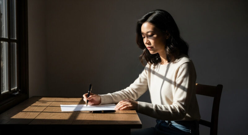 机に向かって手紙を書く前に考え込む女性の後ろ姿