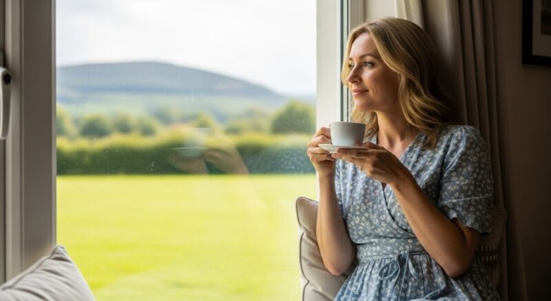 窓辺で紅茶を飲みながら外を見つめる女性の穏やかな表情