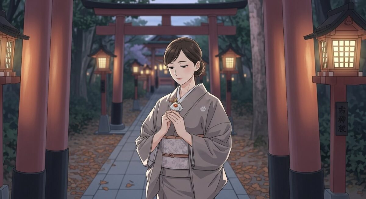 東京の神社で復縁を願ってお守りを胸に抱える女性