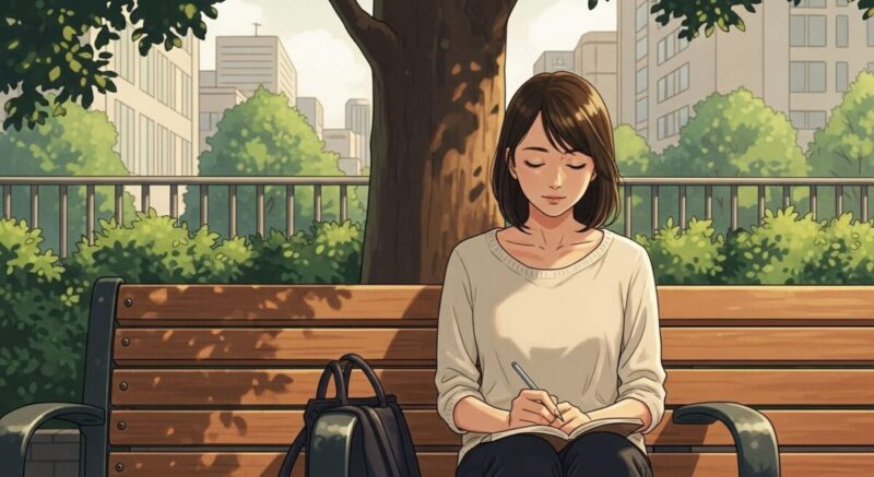 公園のベンチで復縁について内省する女性