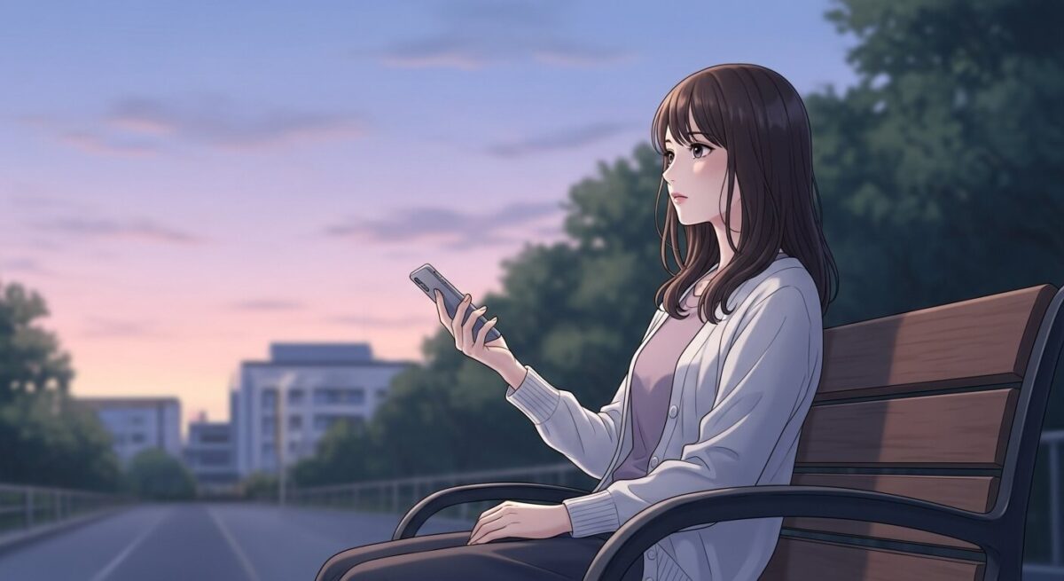 夕暮れの公園でスマートフォンを手に思案する日本人女性